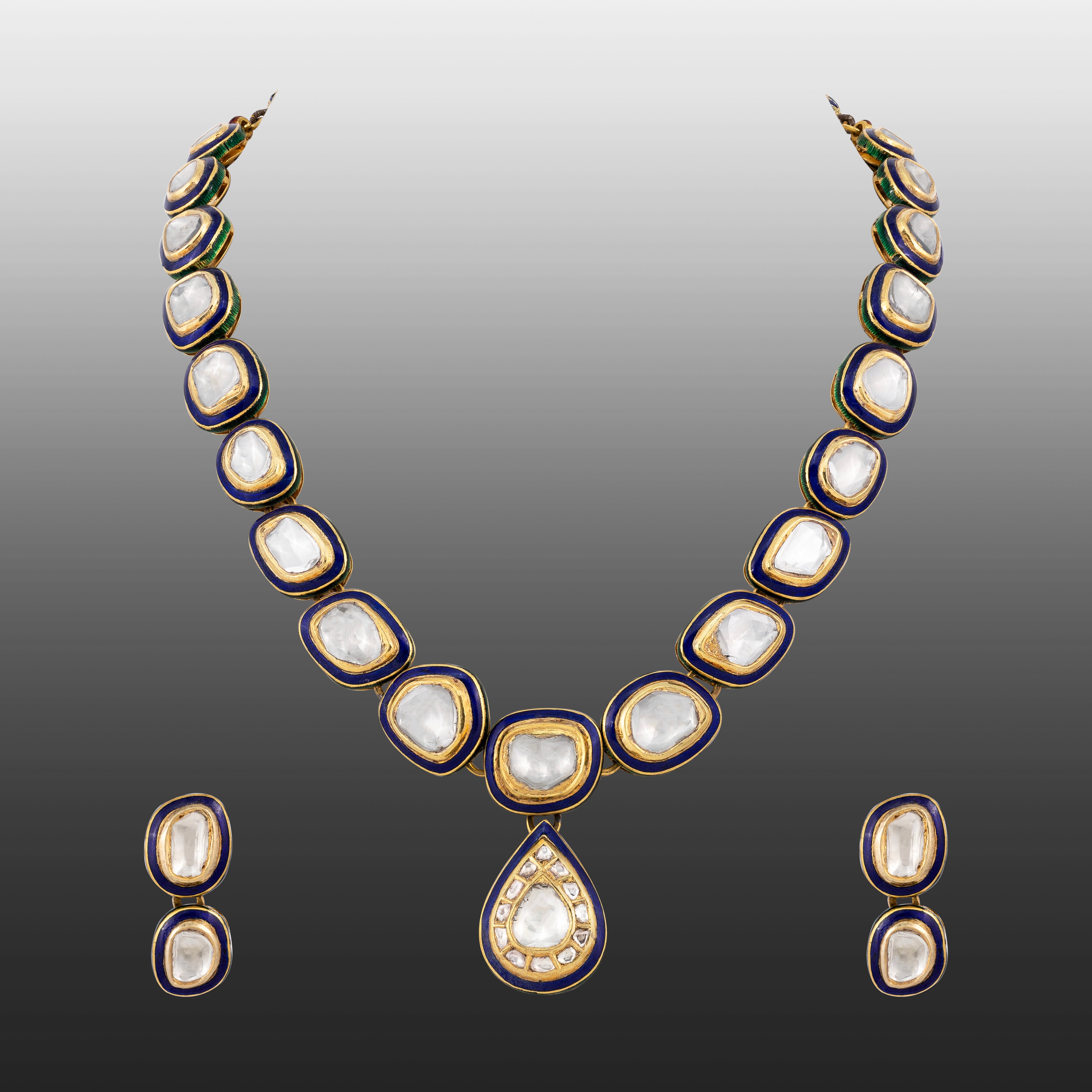 Framed Blue Enamel Polki Necklace with Central Teardrop Pendant